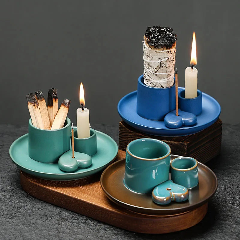 Brûleurs d’encens en céramique 4-en-1 pour  accueillir  chandelles et encens sauge et bois de Palo Santo - boutique Les Rituels d'Isabelle